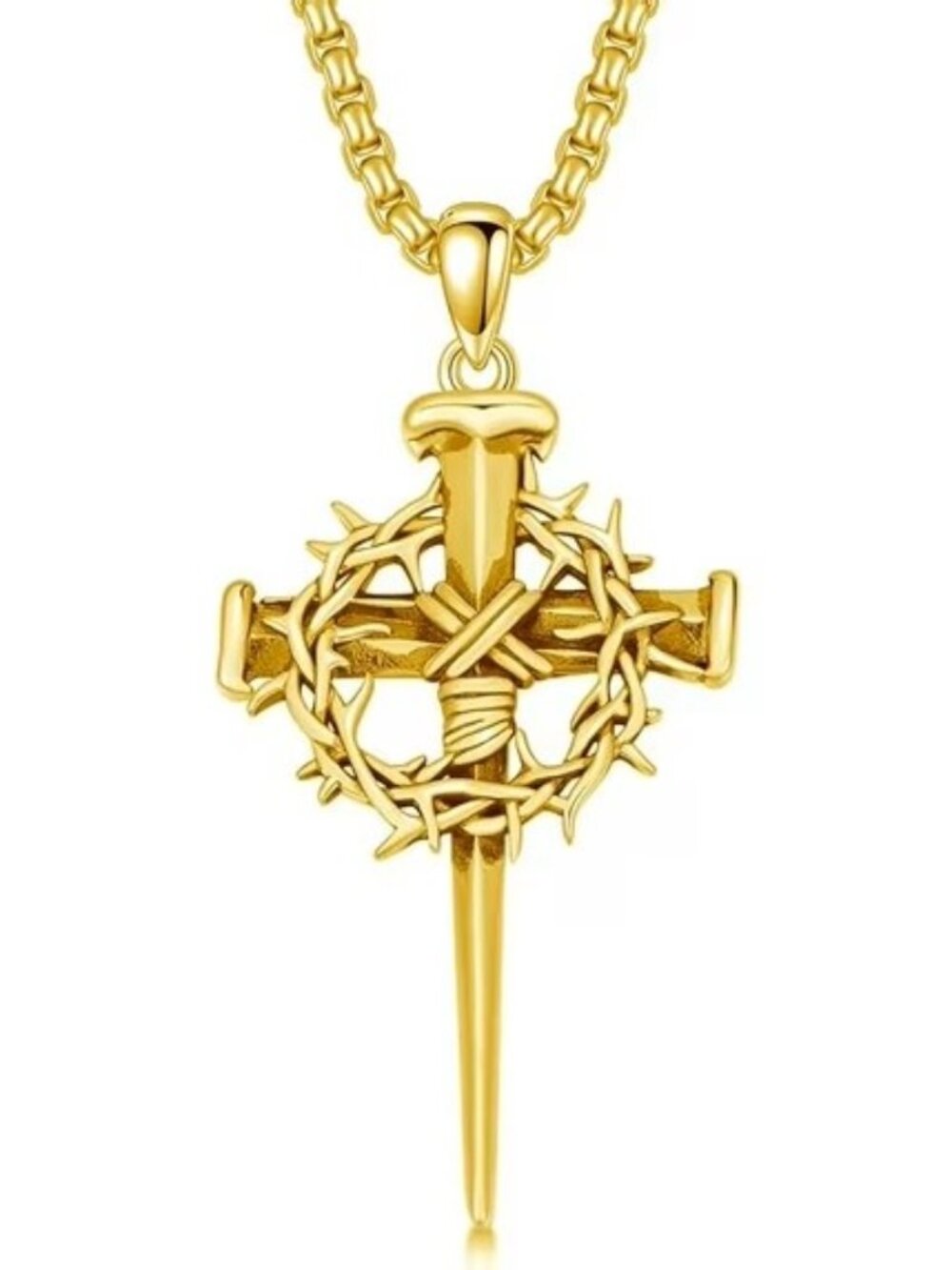 Gold Christian Cross Nail Crown of Thorns Pendant Necklace Jesus Faith Religious